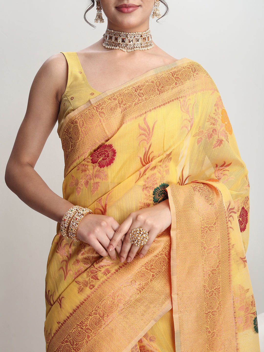 Janasya Yellow Linen Blend Floral Jacquard Grab2Buy 