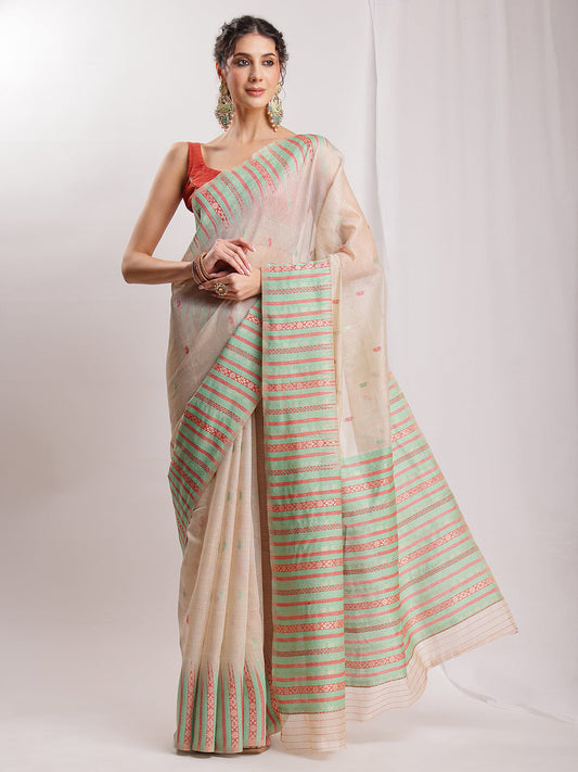 Janasya Beige Silk Blend Ikkat Jacquard Grab2Buy 