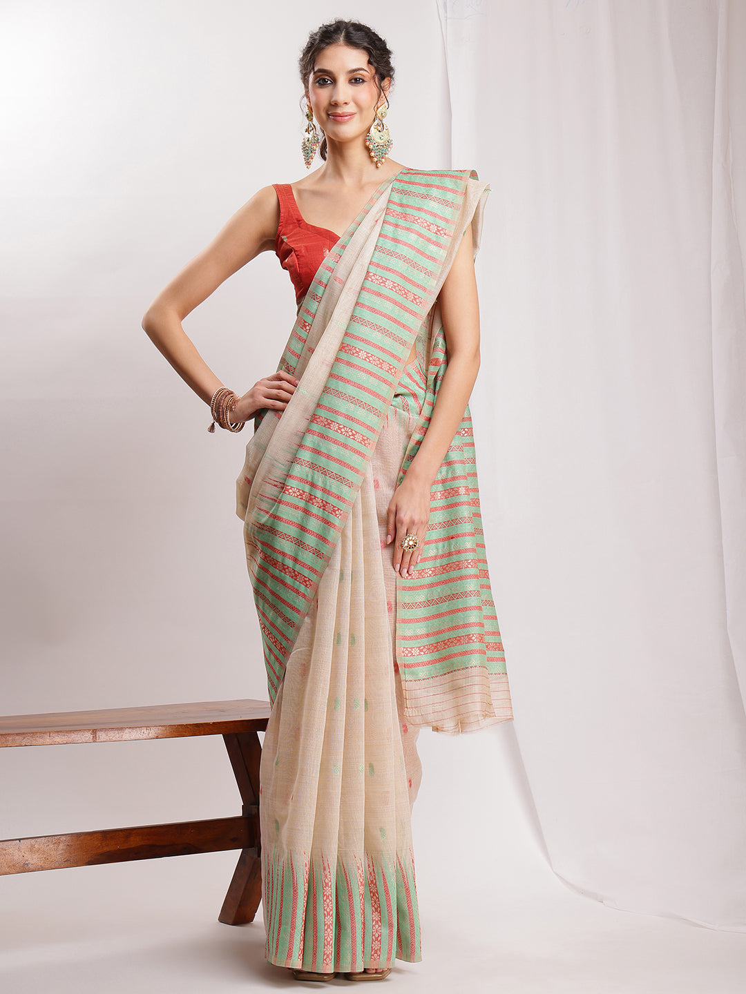 Janasya Beige Silk Blend Ikkat Jacquard Grab2Buy 