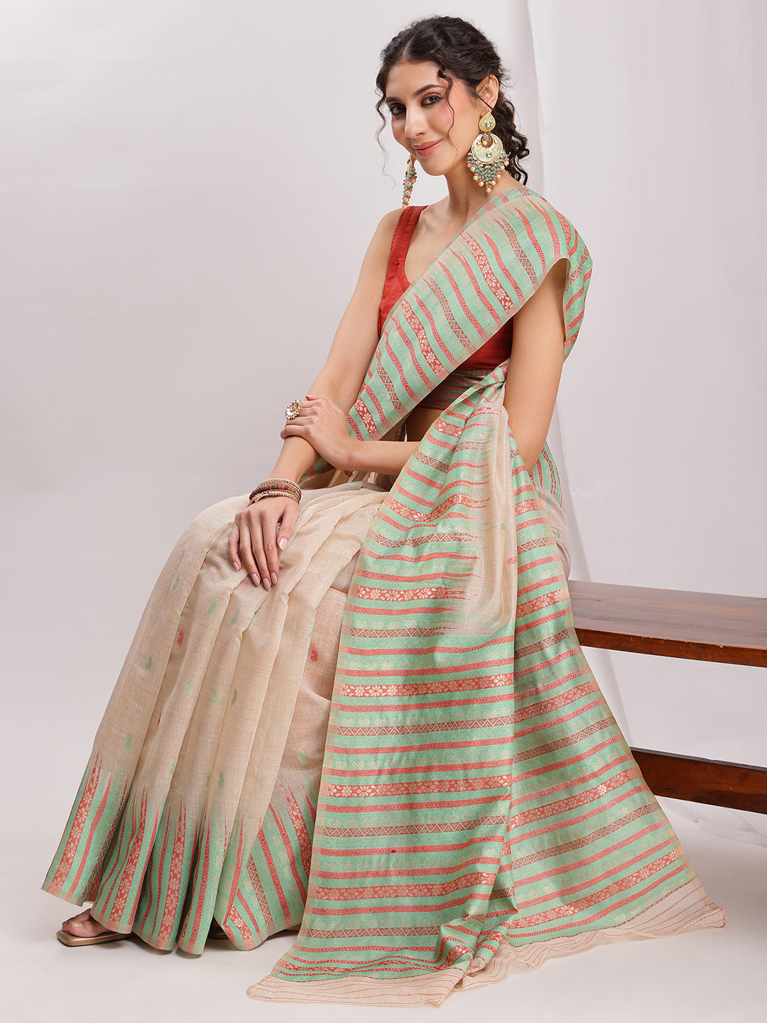 Janasya Beige Silk Blend Ikkat Jacquard Grab2Buy 