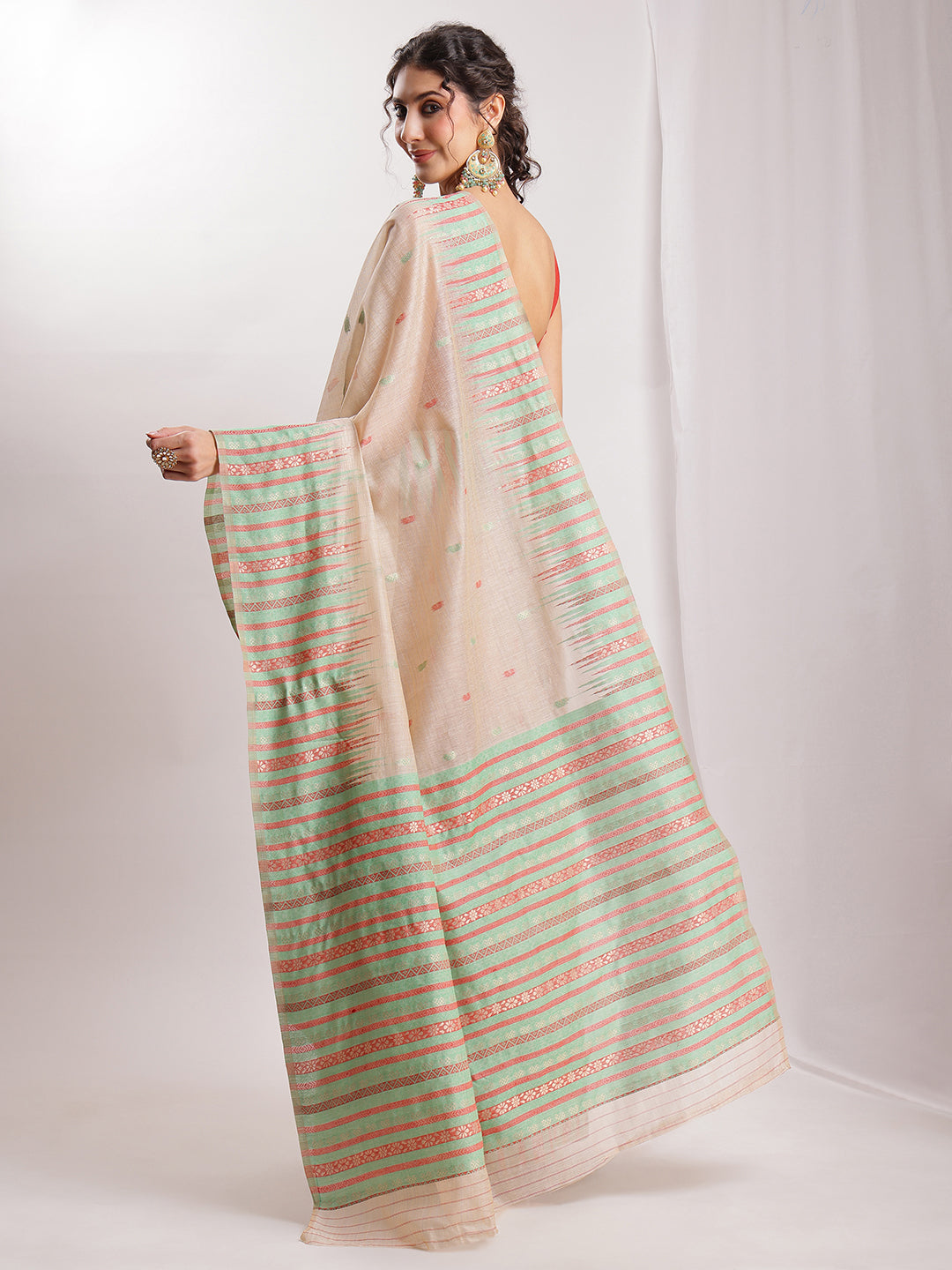 Janasya Beige Silk Blend Ikkat Jacquard Grab2Buy 