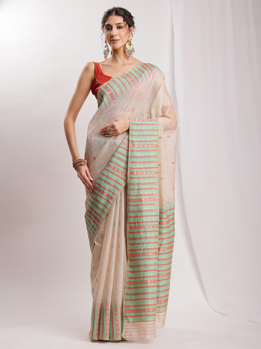 Janasya Beige Silk Blend Ikkat Jacquard Grab2Buy 