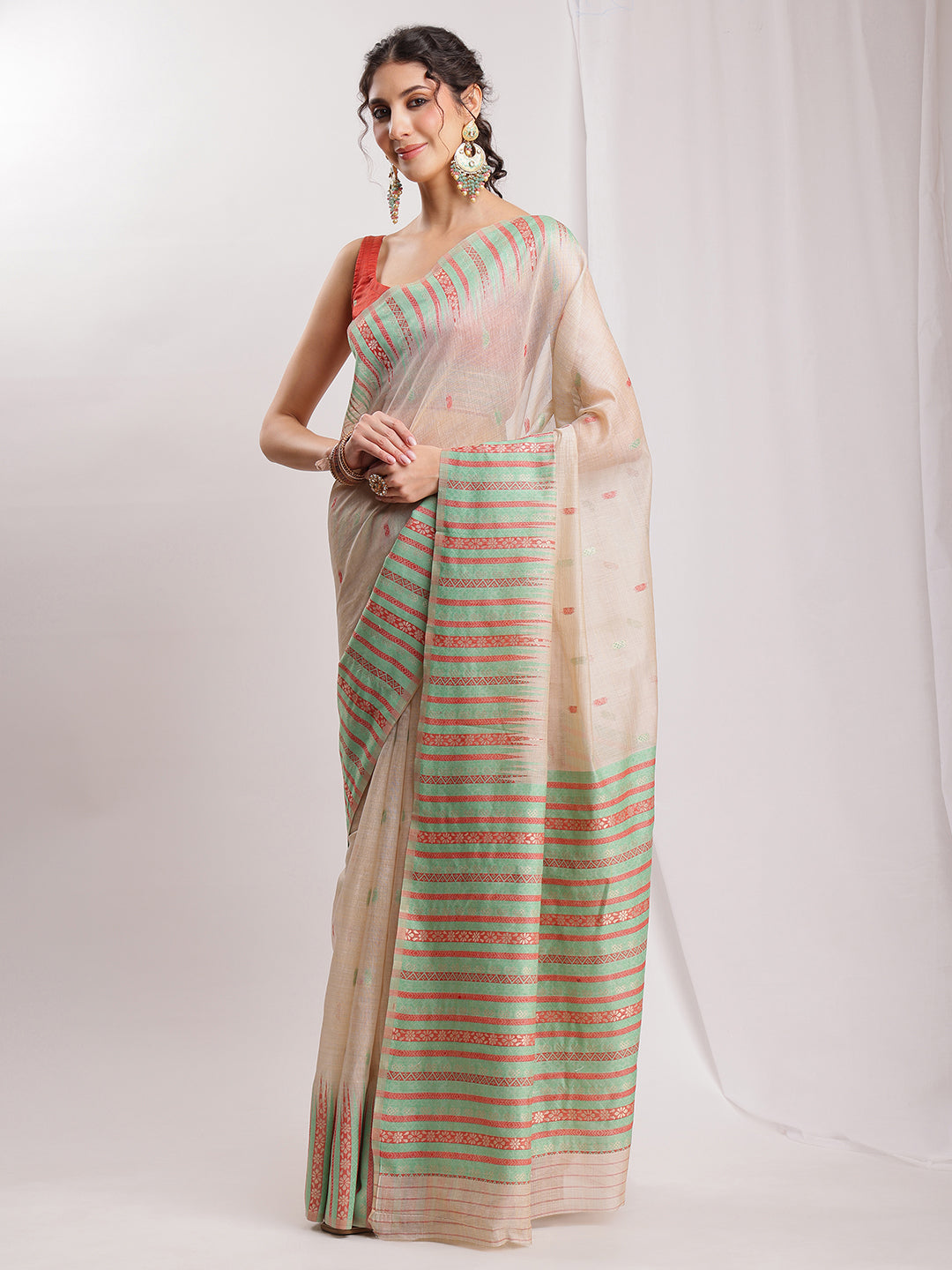Janasya Beige Silk Blend Ikkat Jacquard Grab2Buy 