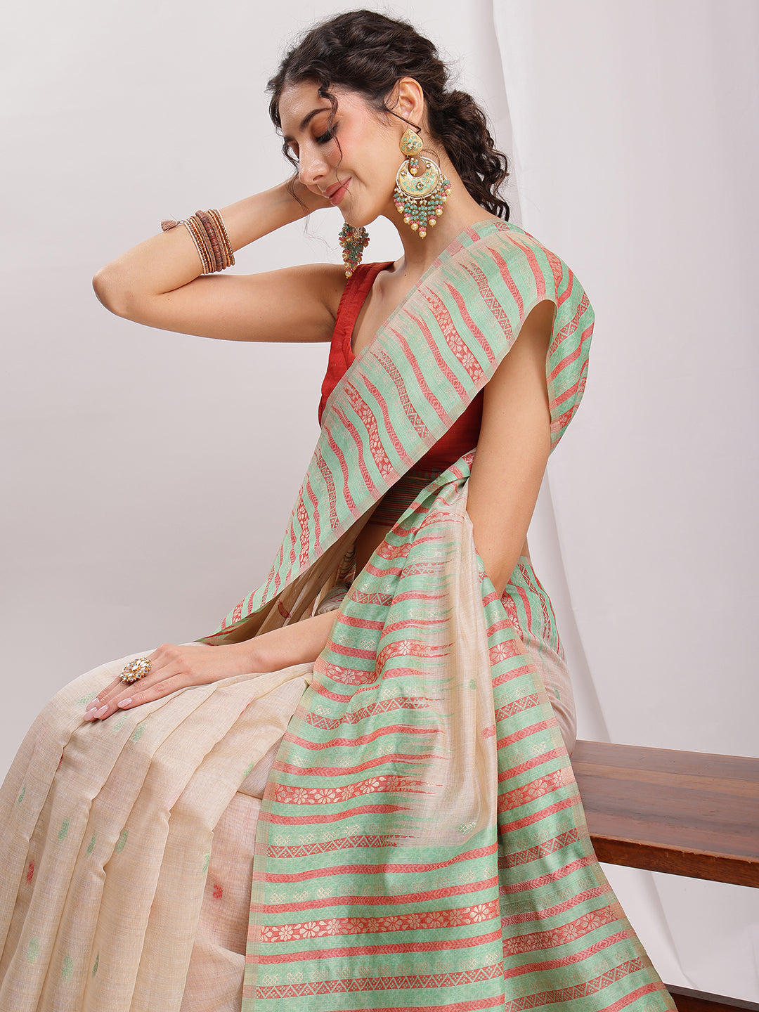 Janasya Beige Silk Blend Ikkat Jacquard Grab2Buy 