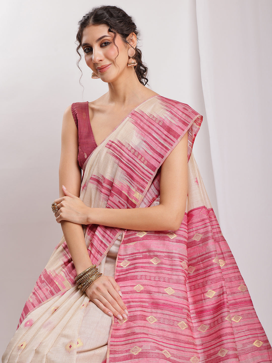 Janasya Beige Silk Blend Ikkat Jacquard Grab2Buy 