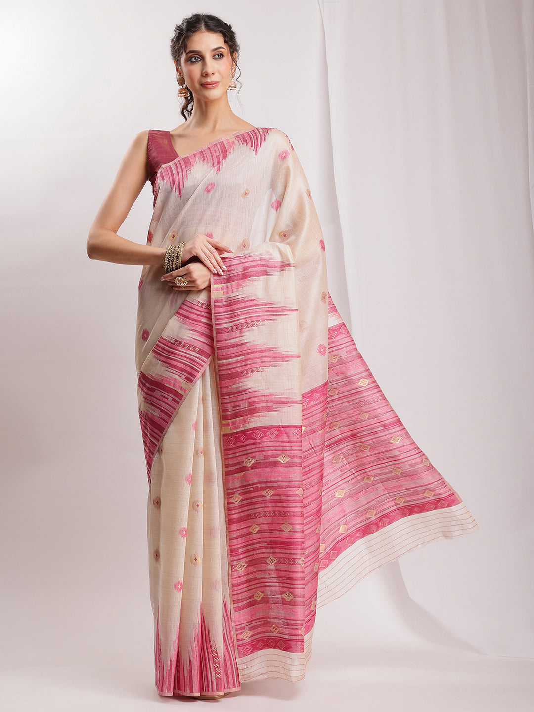 Janasya Beige Silk Blend Ikkat Jacquard Grab2Buy 