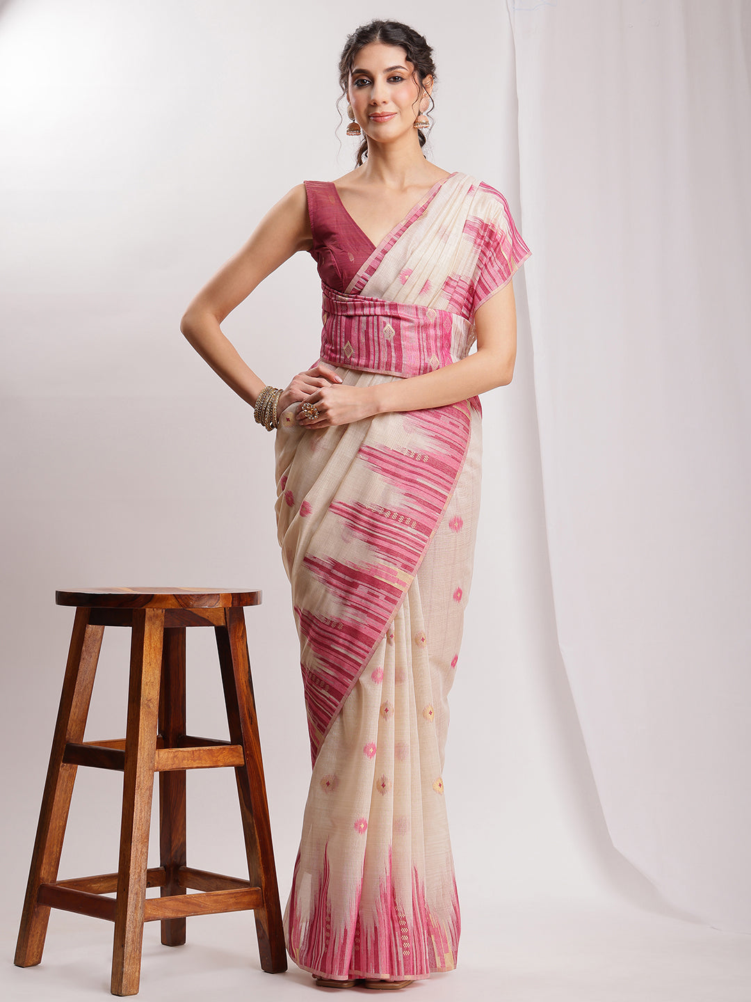Janasya Beige Silk Blend Ikkat Jacquard Grab2Buy 