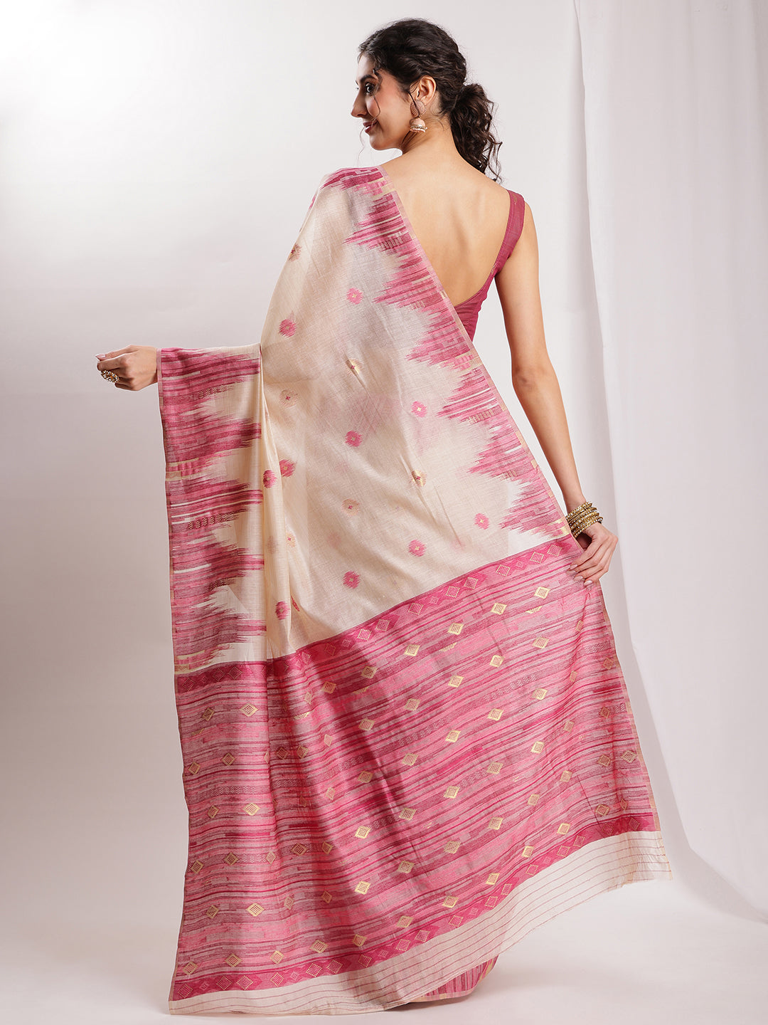 Janasya Beige Silk Blend Ikkat Jacquard Grab2Buy 