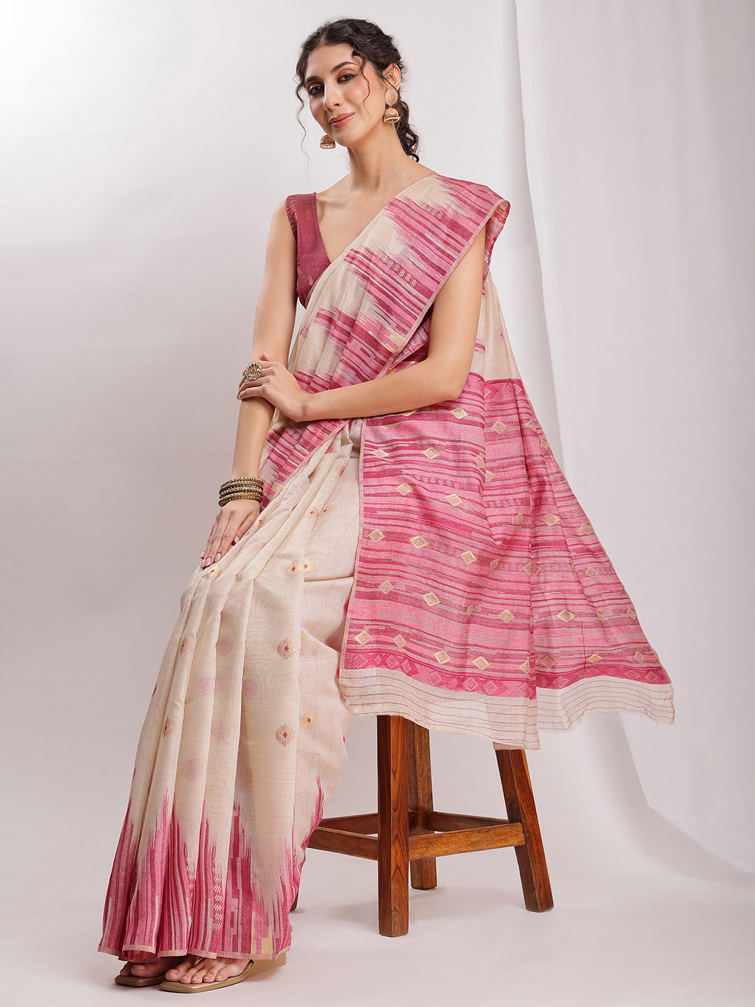 Janasya Beige Silk Blend Ikkat Jacquard Grab2Buy 