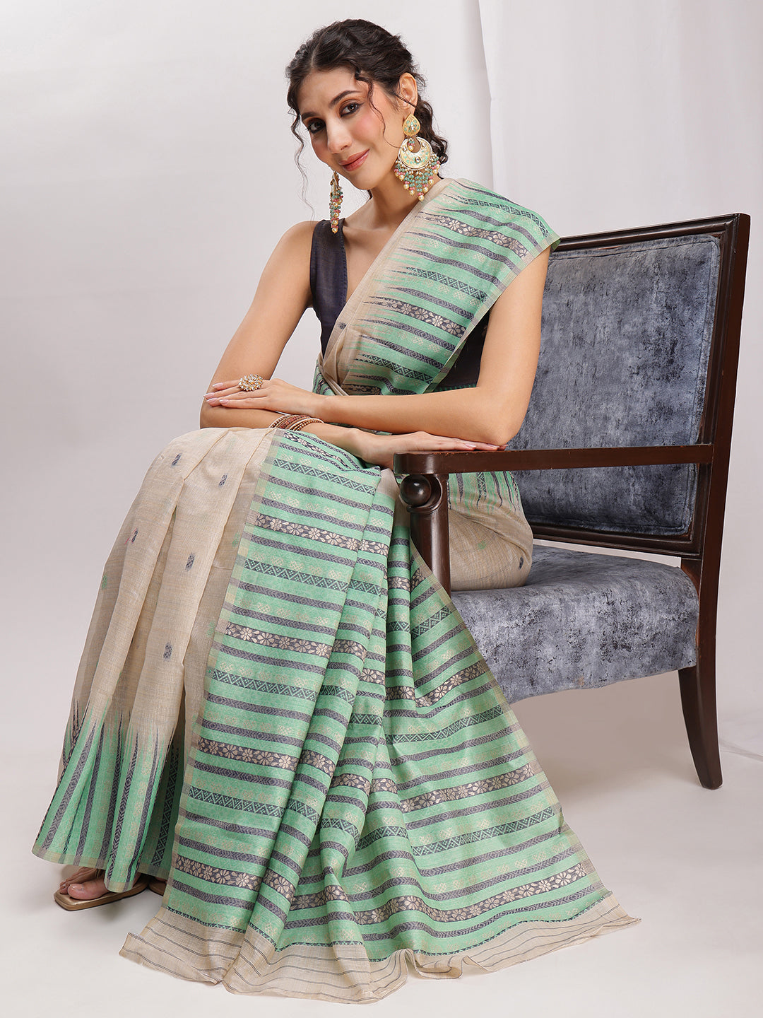 Janasya Beige Silk Blend Ikkat Jacquard Grab2Buy 