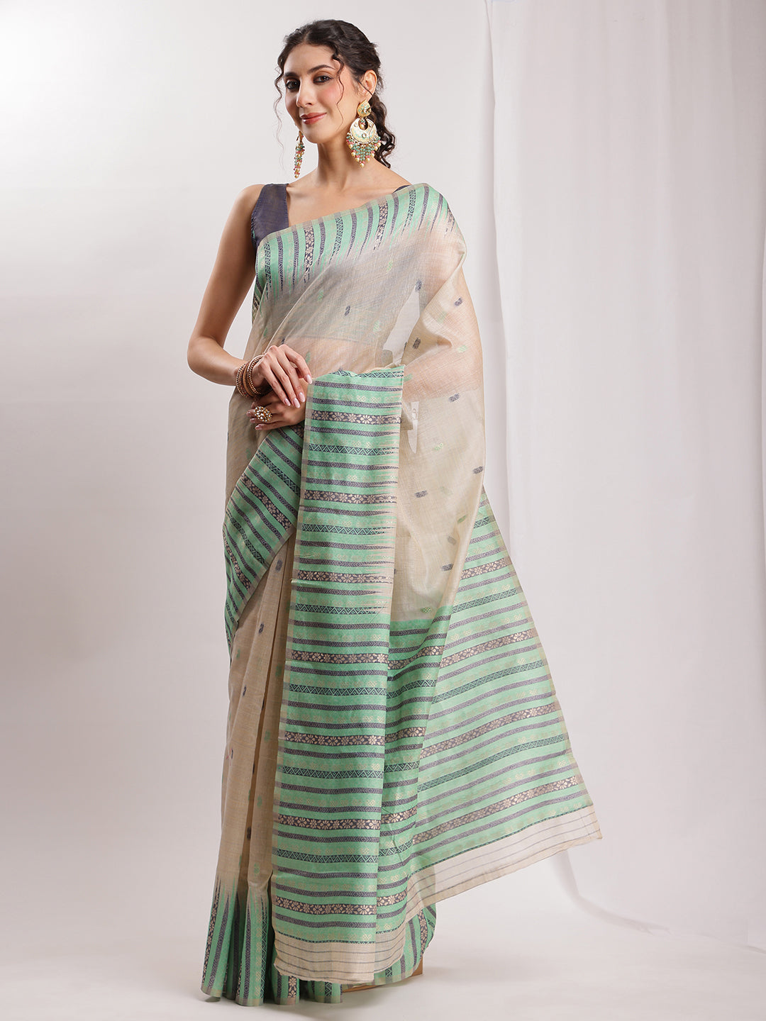 Janasya Beige Silk Blend Ikkat Jacquard Grab2Buy 