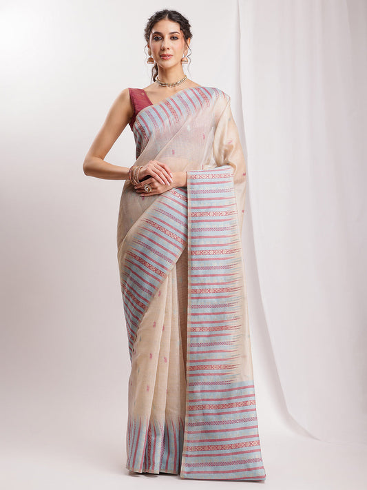 Janasya Beige Silk Blend Ikkat Jacquard Grab2Buy 