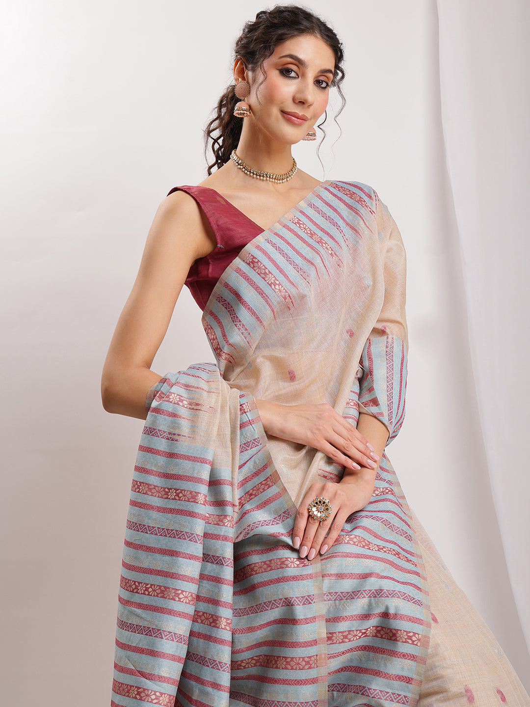 Janasya Beige Silk Blend Ikkat Jacquard Grab2Buy 