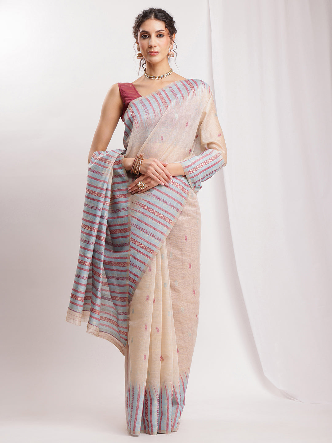 Janasya Beige Silk Blend Ikkat Jacquard Grab2Buy 