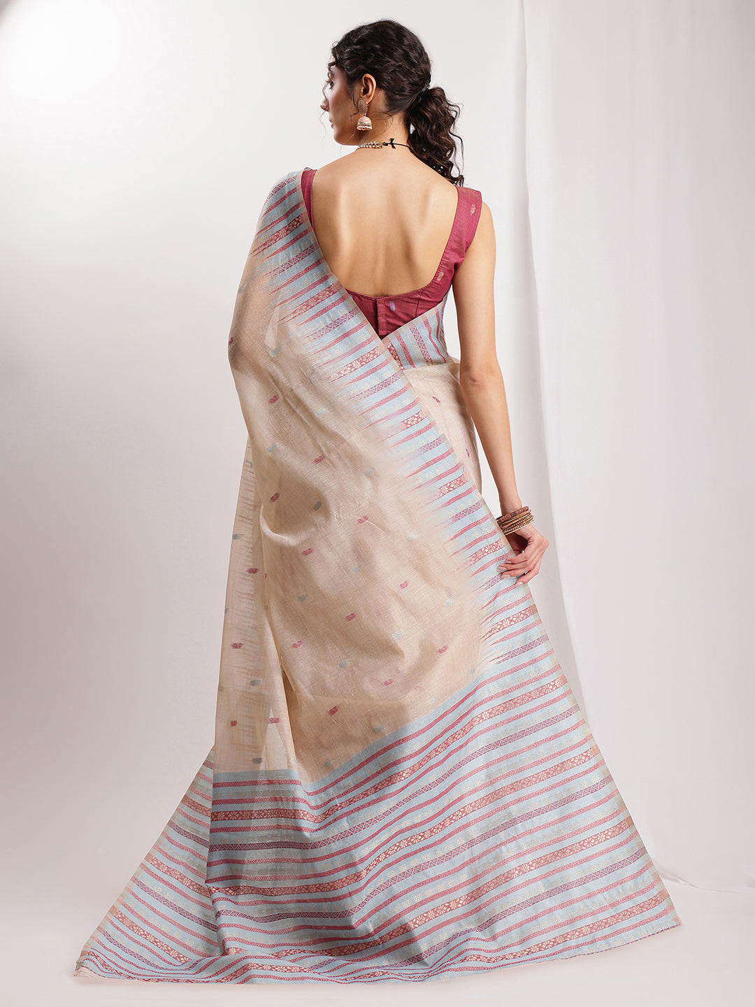 Janasya Beige Silk Blend Ikkat Jacquard Grab2Buy 