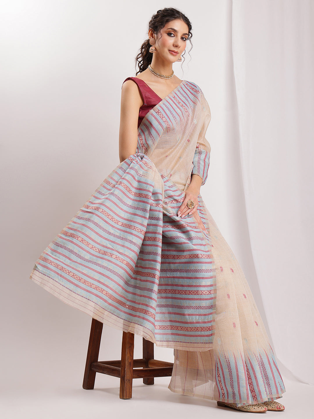 Janasya Beige Silk Blend Ikkat Jacquard Grab2Buy 