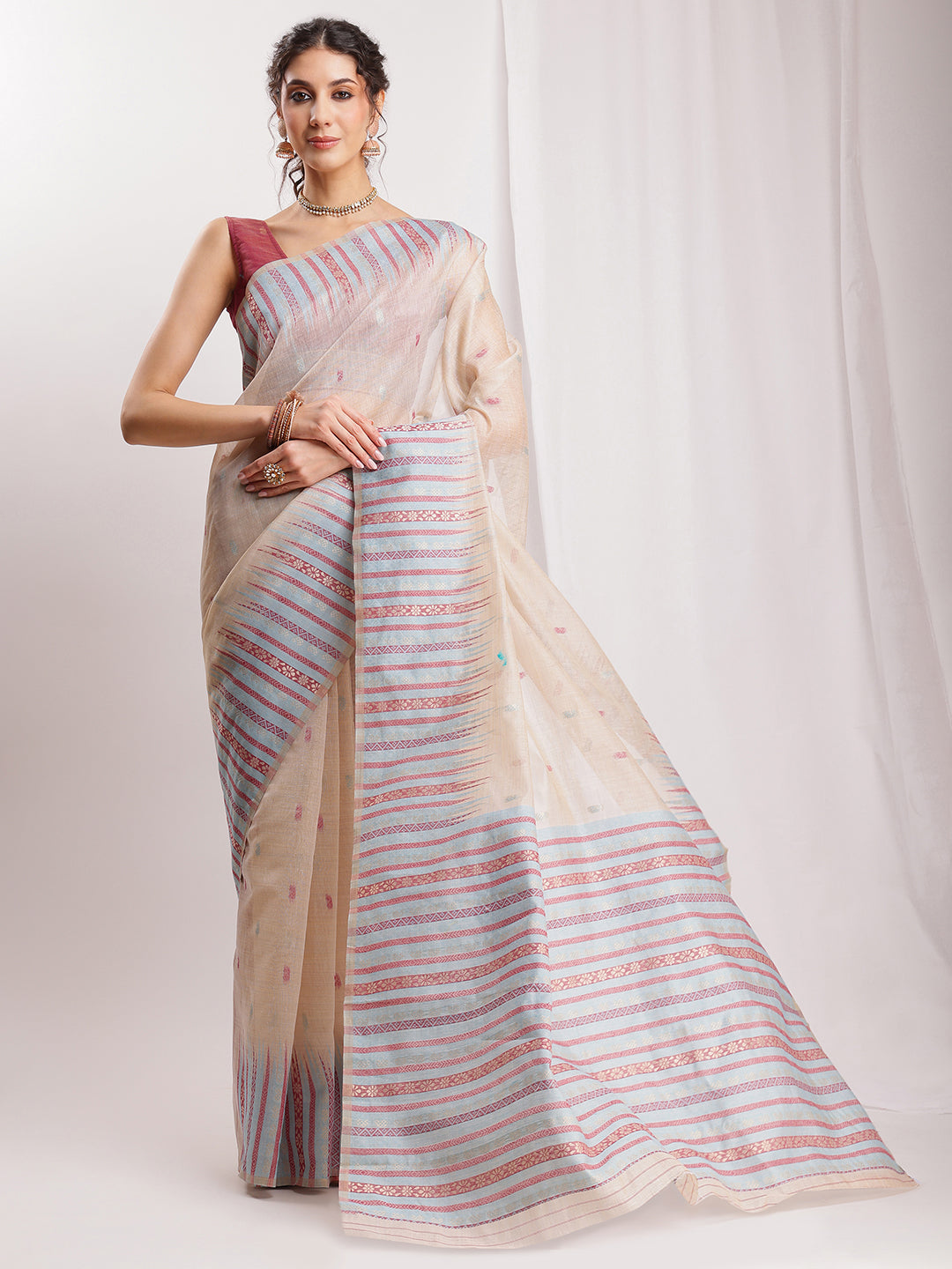 Janasya Beige Silk Blend Ikkat Jacquard Grab2Buy 