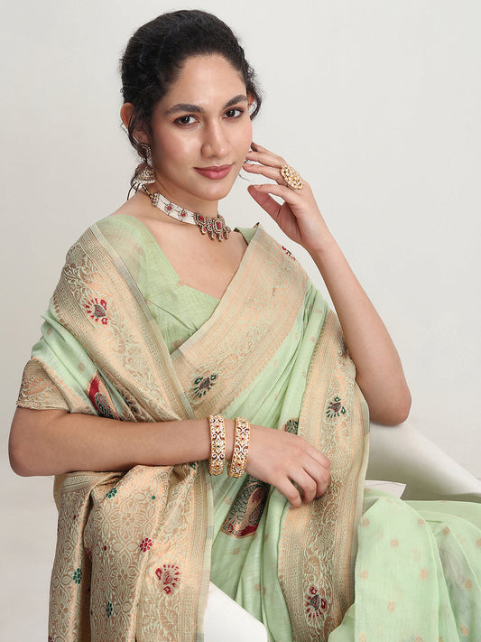 Janasya Light Green Linen Blend Kalamkari Jacquard Grab2Buy 