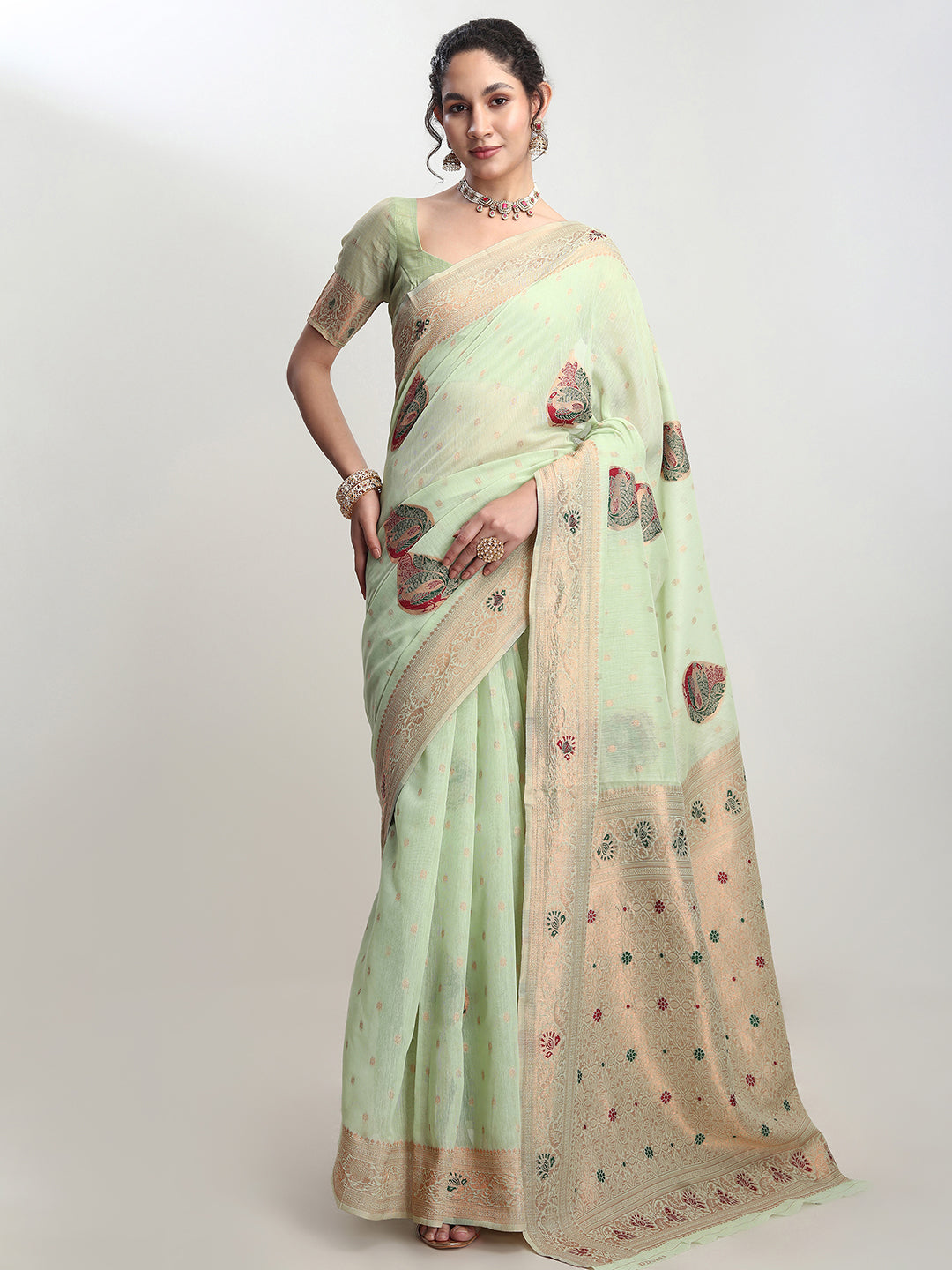 Janasya Light Green Linen Blend Kalamkari Jacquard Grab2Buy 