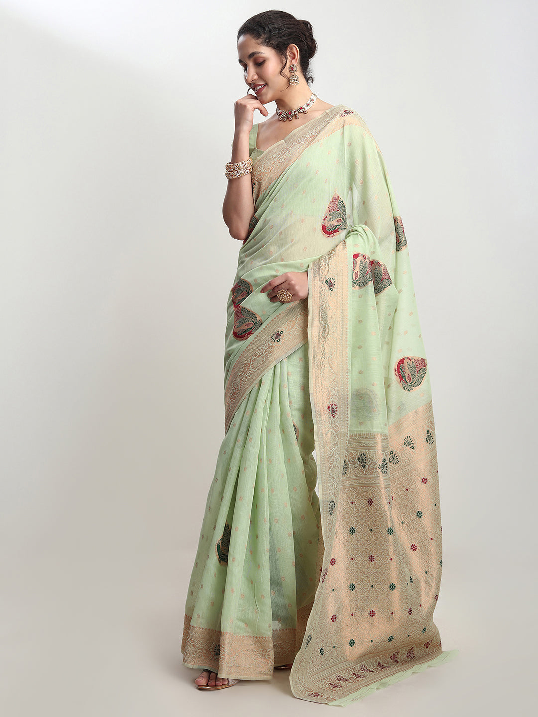 Janasya Light Green Linen Blend Kalamkari Jacquard Grab2Buy 