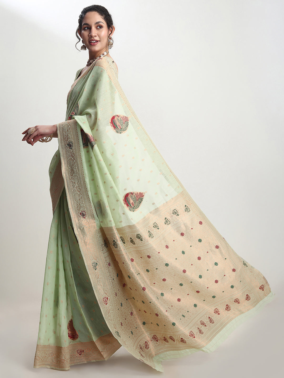 Janasya Light Green Linen Blend Kalamkari Jacquard Grab2Buy 