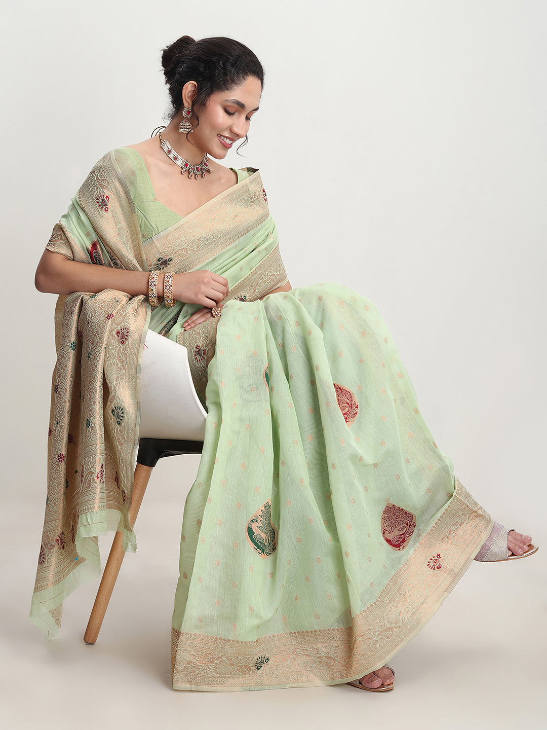 Janasya Light Green Linen Blend Kalamkari Jacquard Grab2Buy 