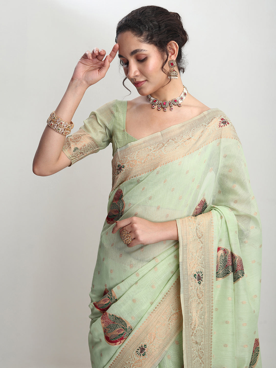 Janasya Light Green Linen Blend Kalamkari Jacquard Grab2Buy 