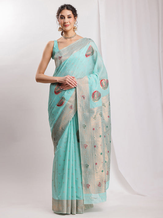 Janasya Sea Blue Linen Blend Kalamkari Jacquard Grab2Buy 