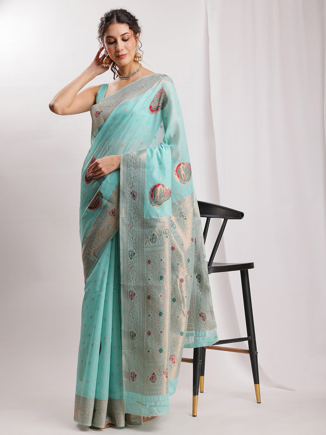 Janasya Sea Blue Linen Blend Kalamkari Jacquard Grab2Buy 