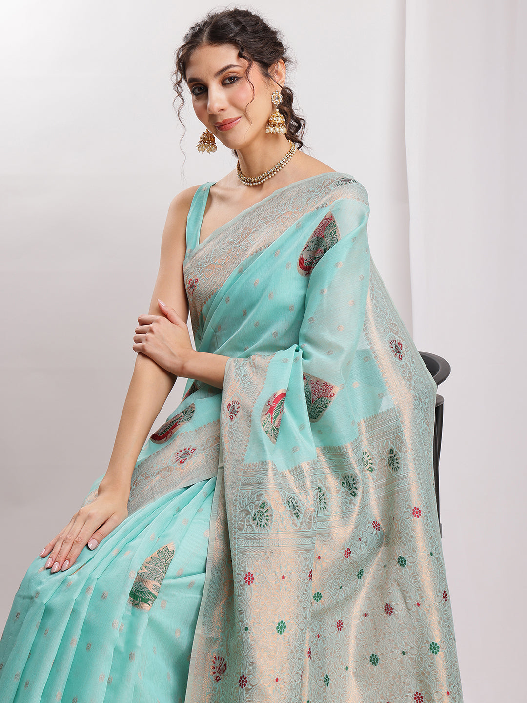 Janasya Sea Blue Linen Blend Kalamkari Jacquard Grab2Buy 