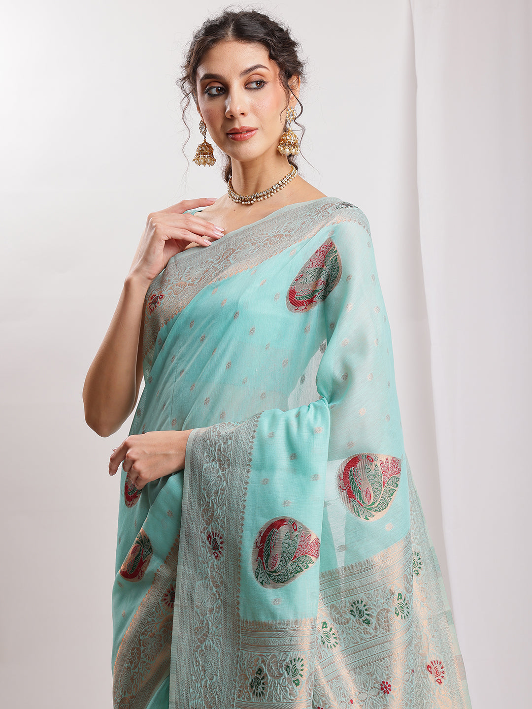 Janasya Sea Blue Linen Blend Kalamkari Jacquard Grab2Buy 