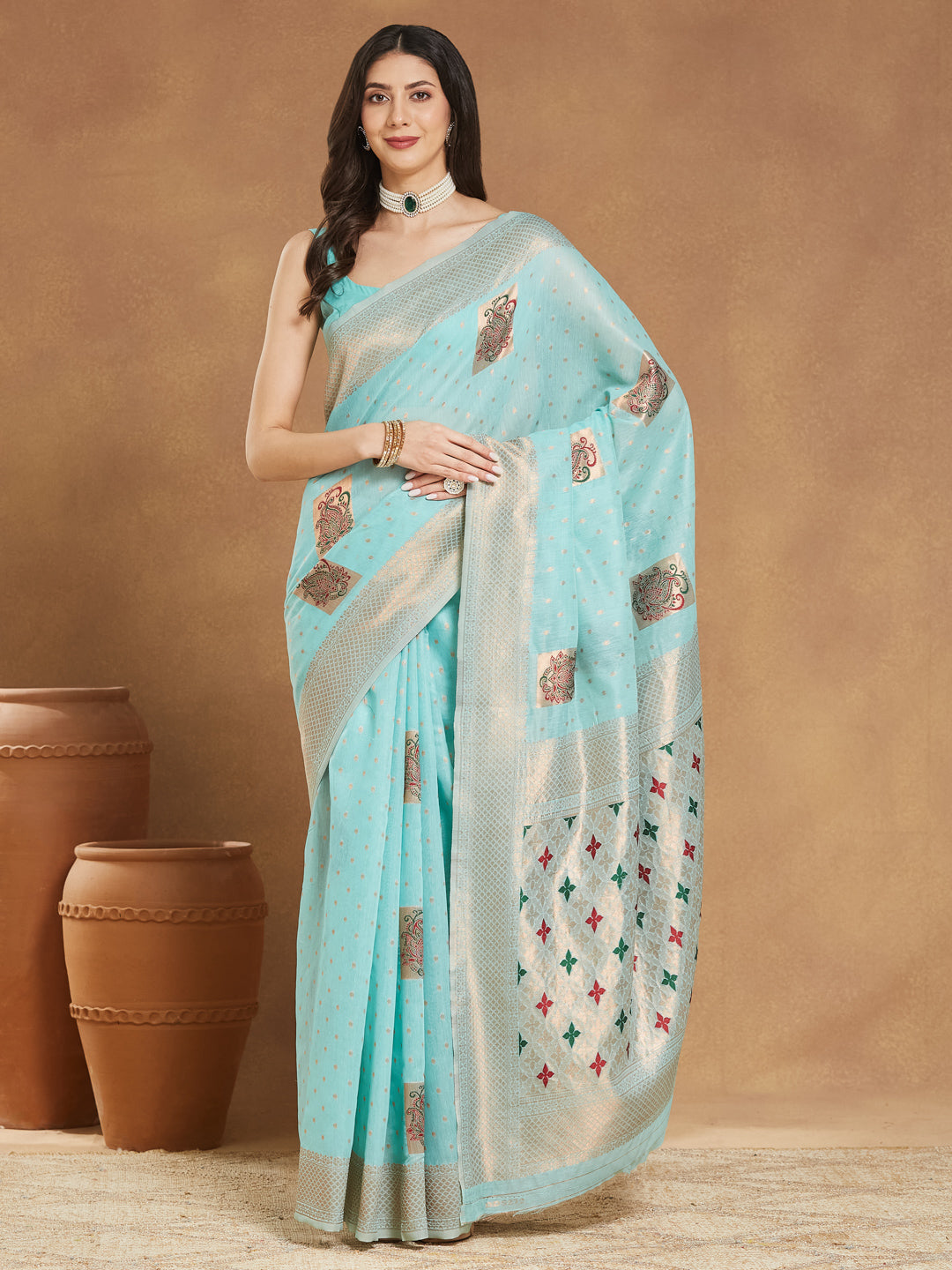 Janasya Sea Green Linen Blend Ethnic Motifs Jacquard Grab2Buy 