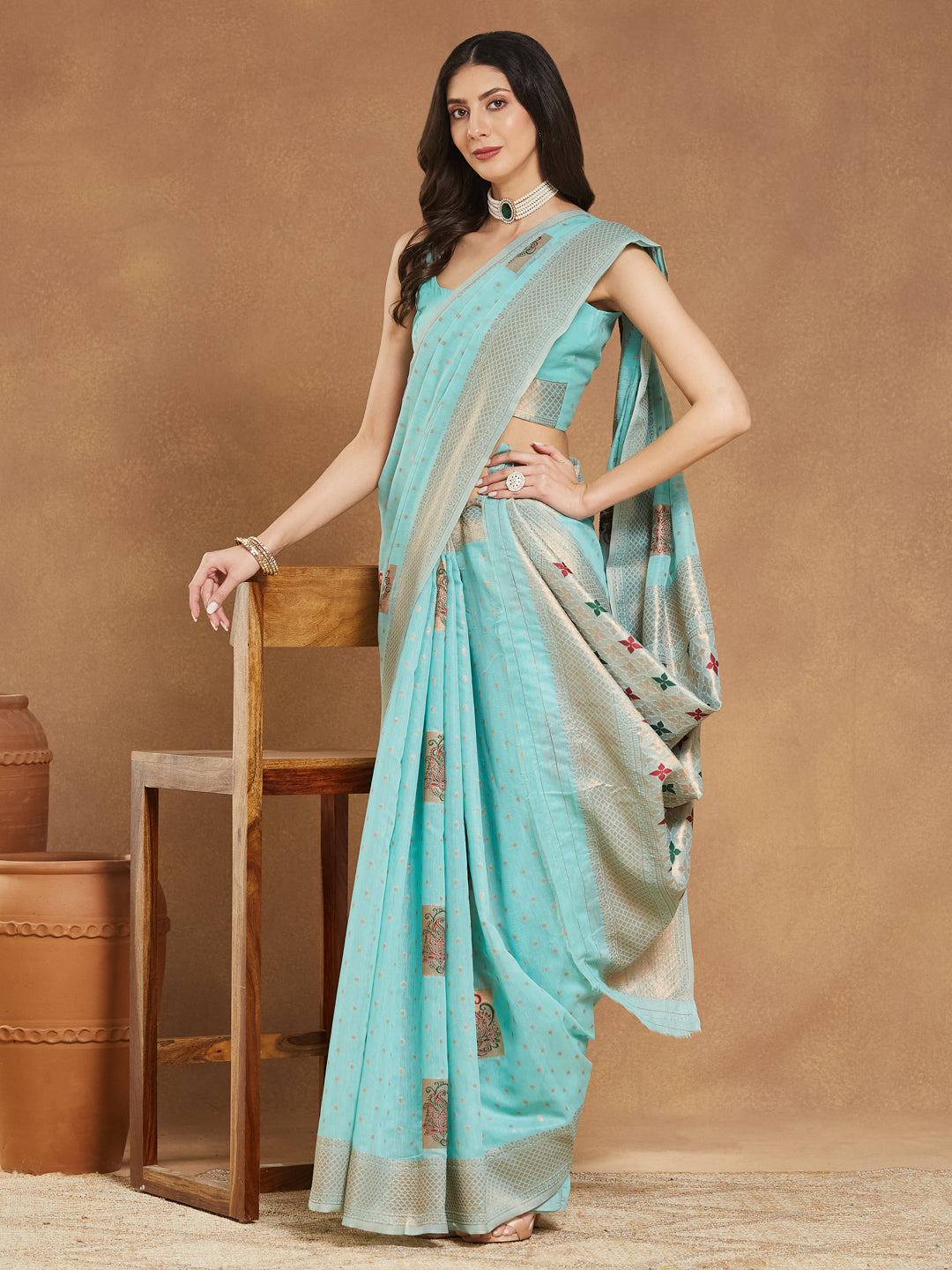 Janasya Sea Green Linen Blend Ethnic Motifs Jacquard Grab2Buy 