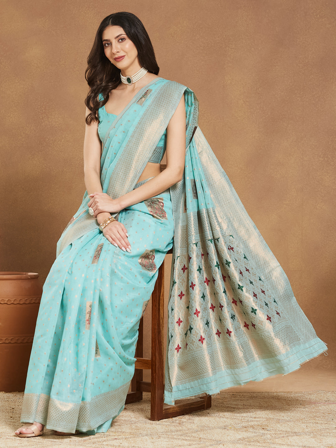Janasya Sea Green Linen Blend Ethnic Motifs Jacquard Grab2Buy 