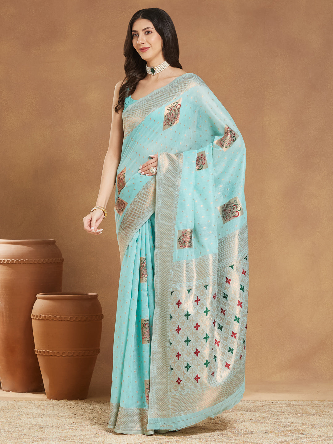 Janasya Sea Green Linen Blend Ethnic Motifs Jacquard Grab2Buy 