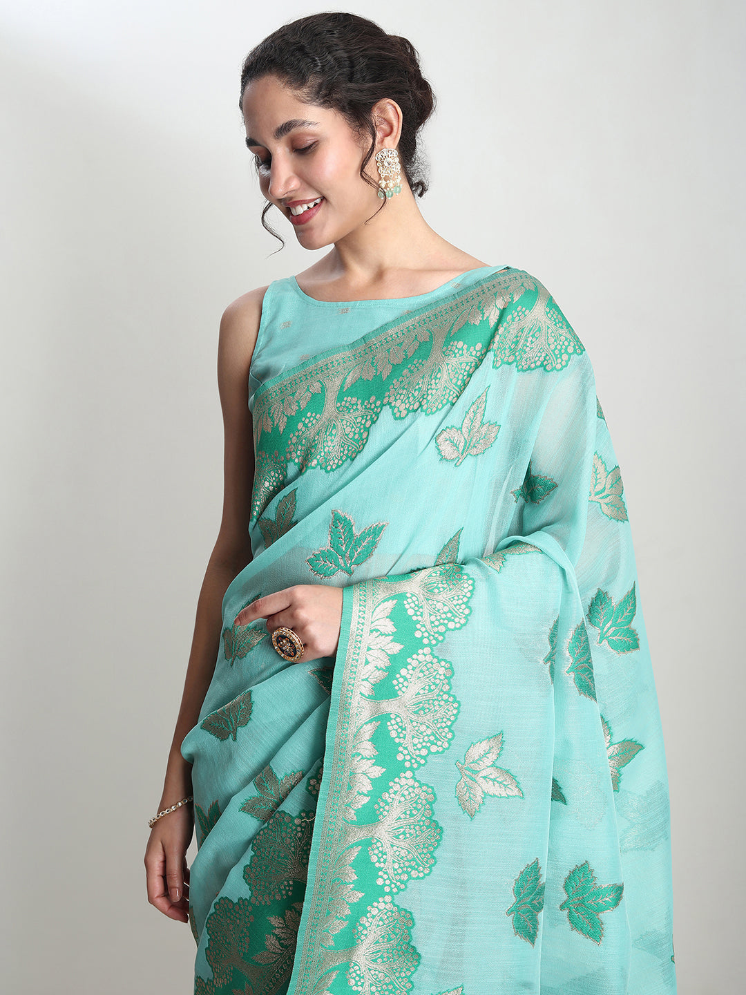 Janasya Sea Green Linen Blend Floral Jacquard Grab2Buy 