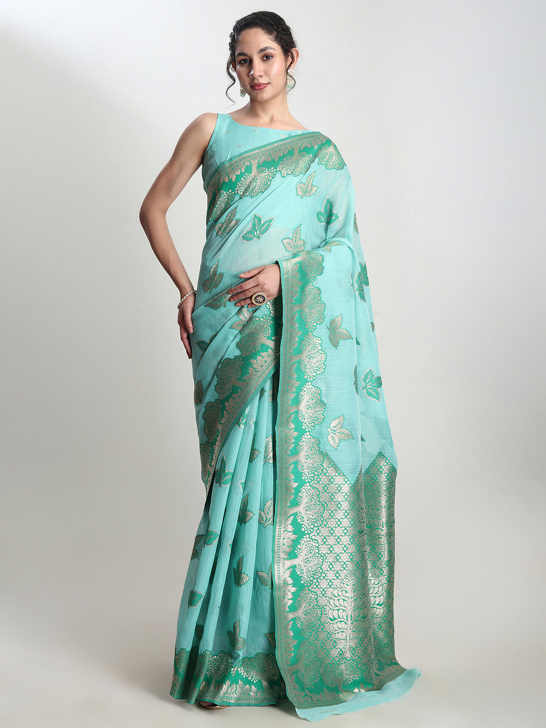 Janasya Sea Green Linen Blend Floral Jacquard Grab2Buy 