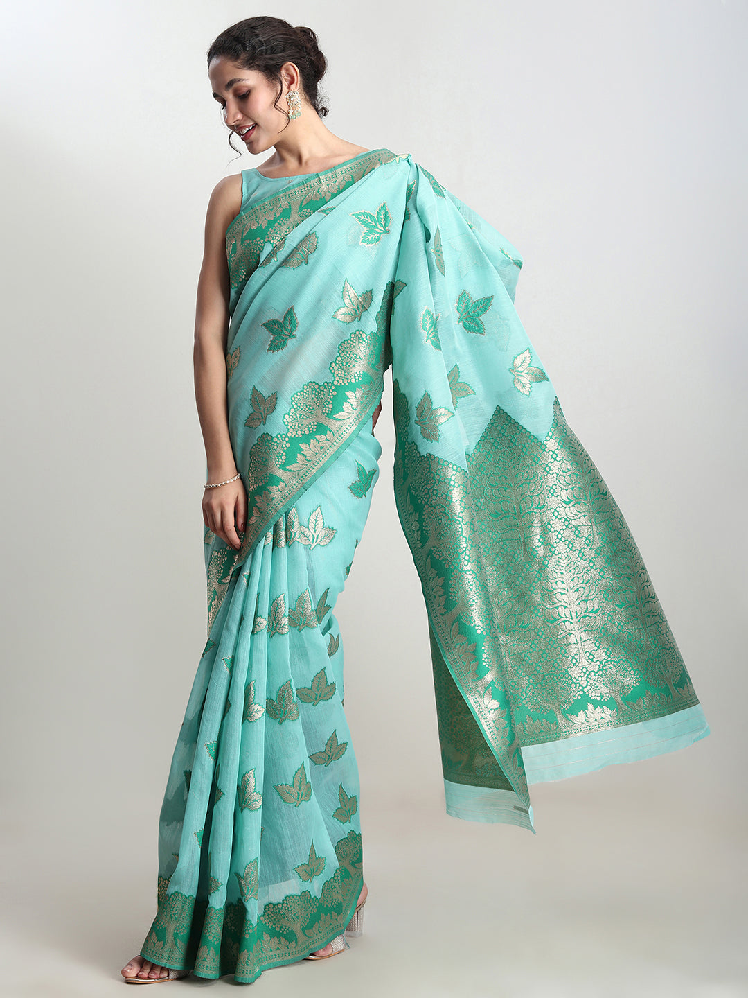 Janasya Sea Green Linen Blend Floral Jacquard Grab2Buy 