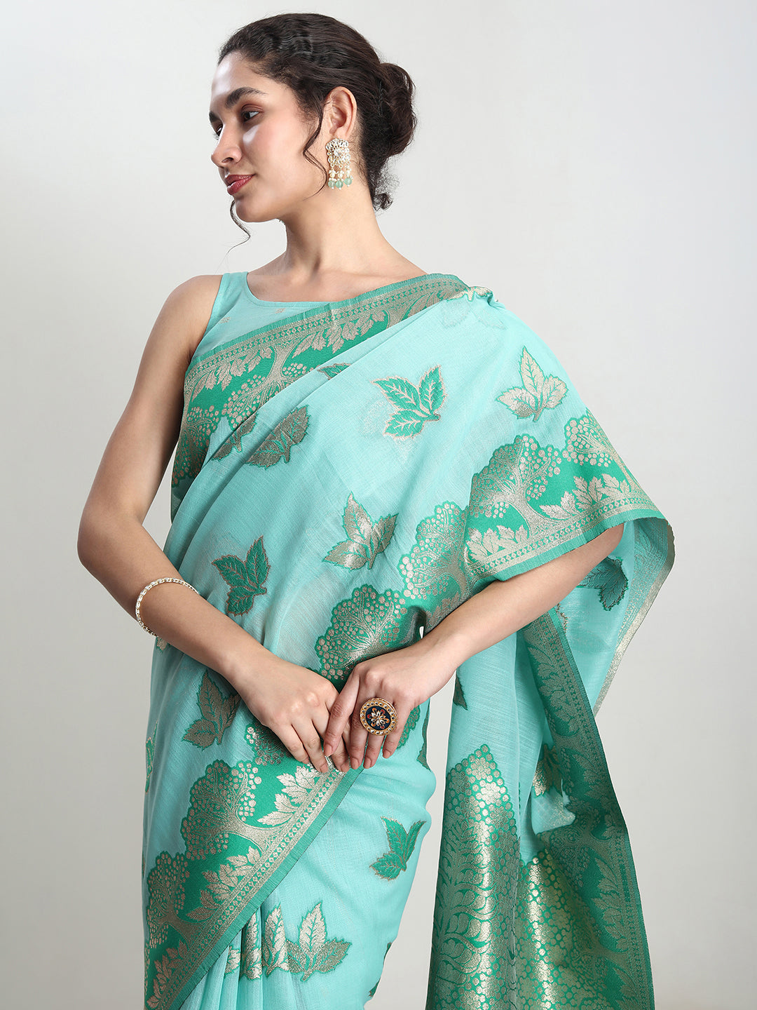 Janasya Sea Green Linen Blend Floral Jacquard Grab2Buy 