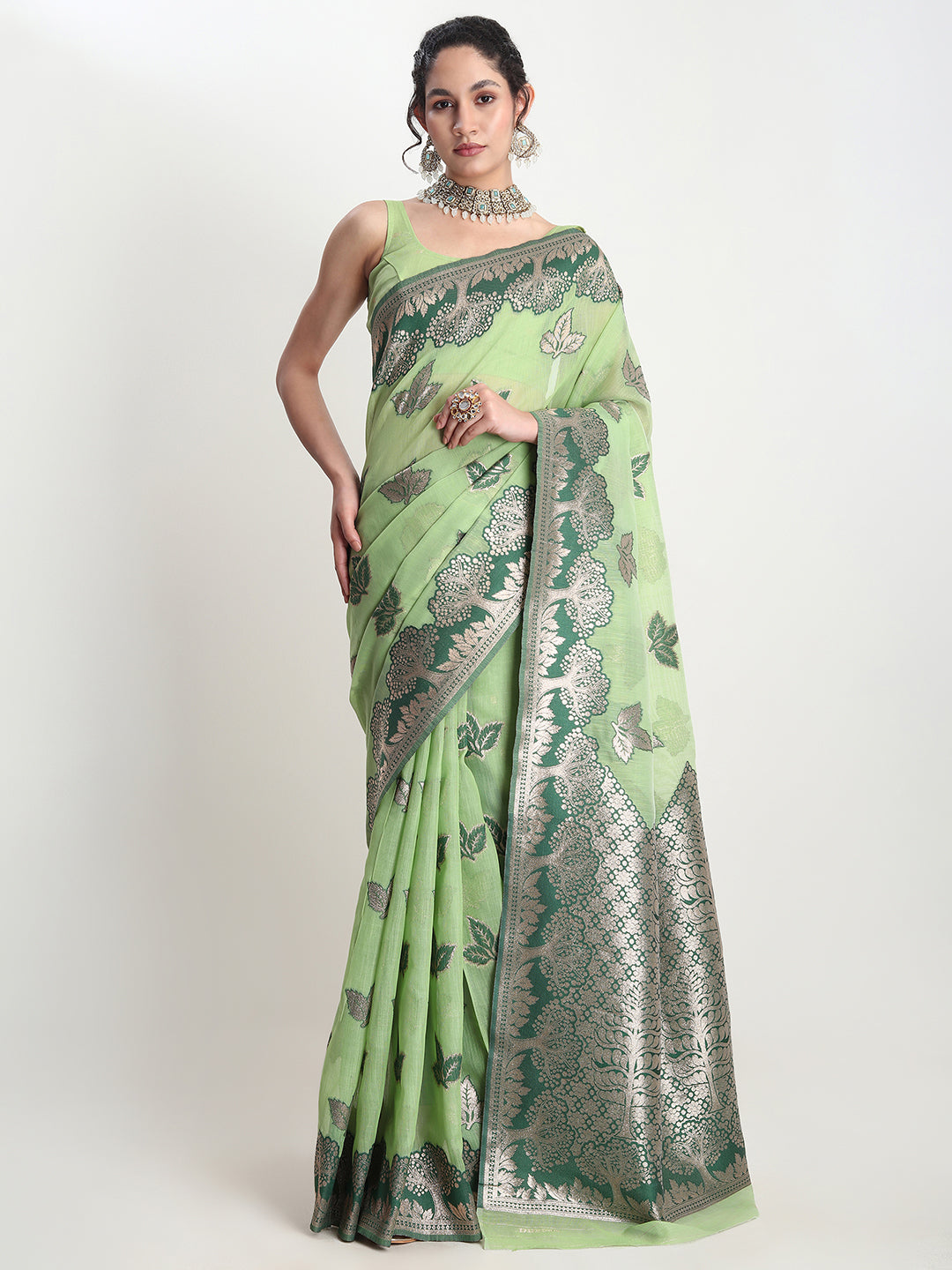 Janasya Light Green Linen Blend Floral Jacquard Grab2Buy 