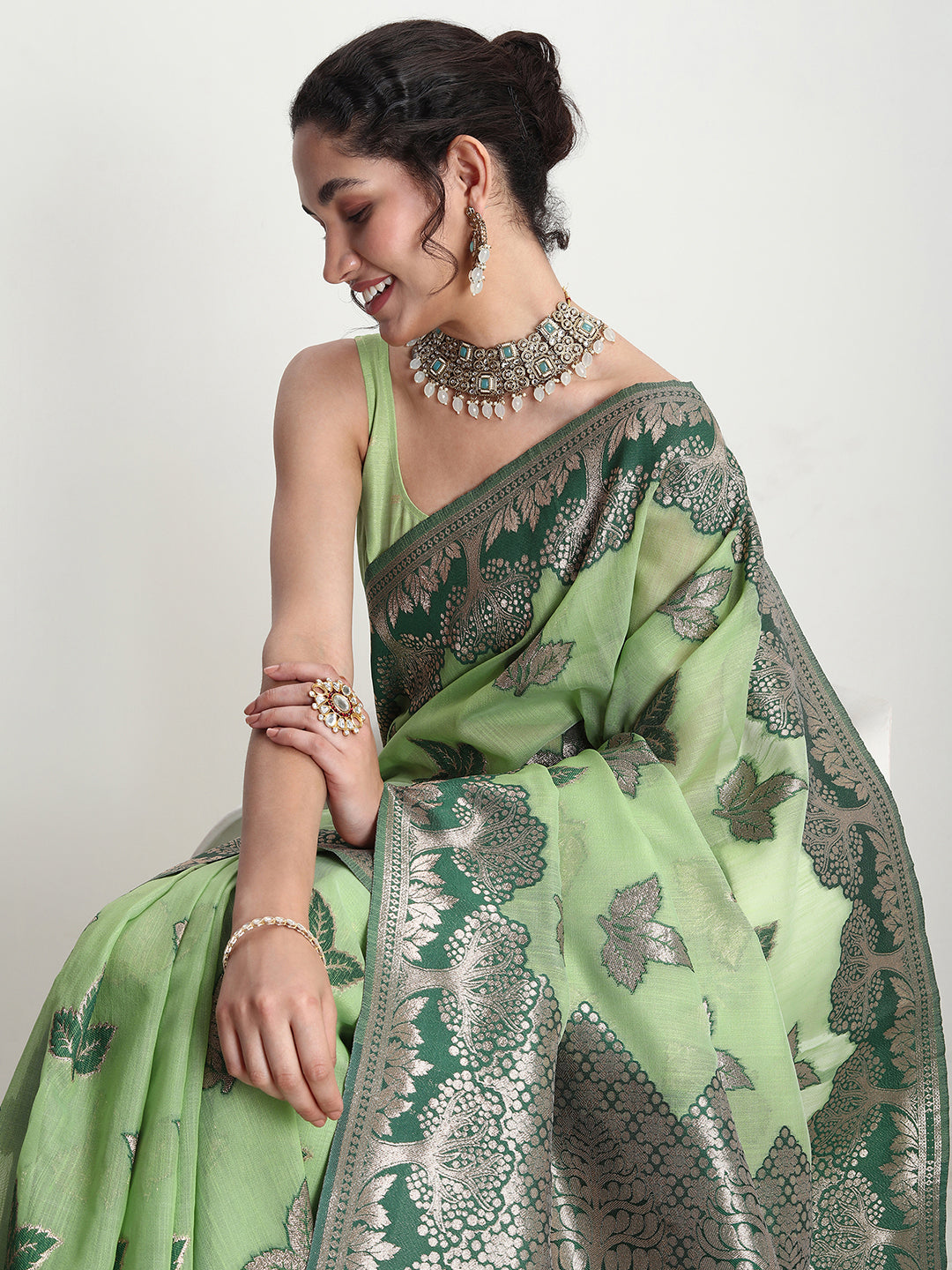 Janasya Light Green Linen Blend Floral Jacquard Grab2Buy 