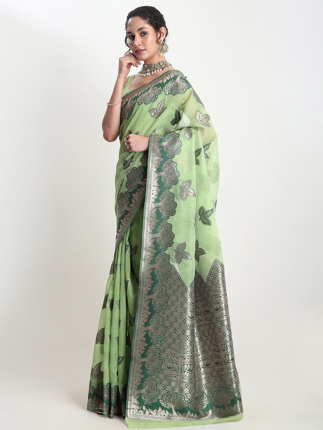 Janasya Light Green Linen Blend Floral Jacquard Grab2Buy 