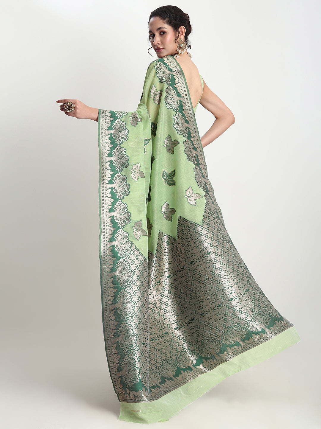 Janasya Light Green Linen Blend Floral Jacquard Grab2Buy 