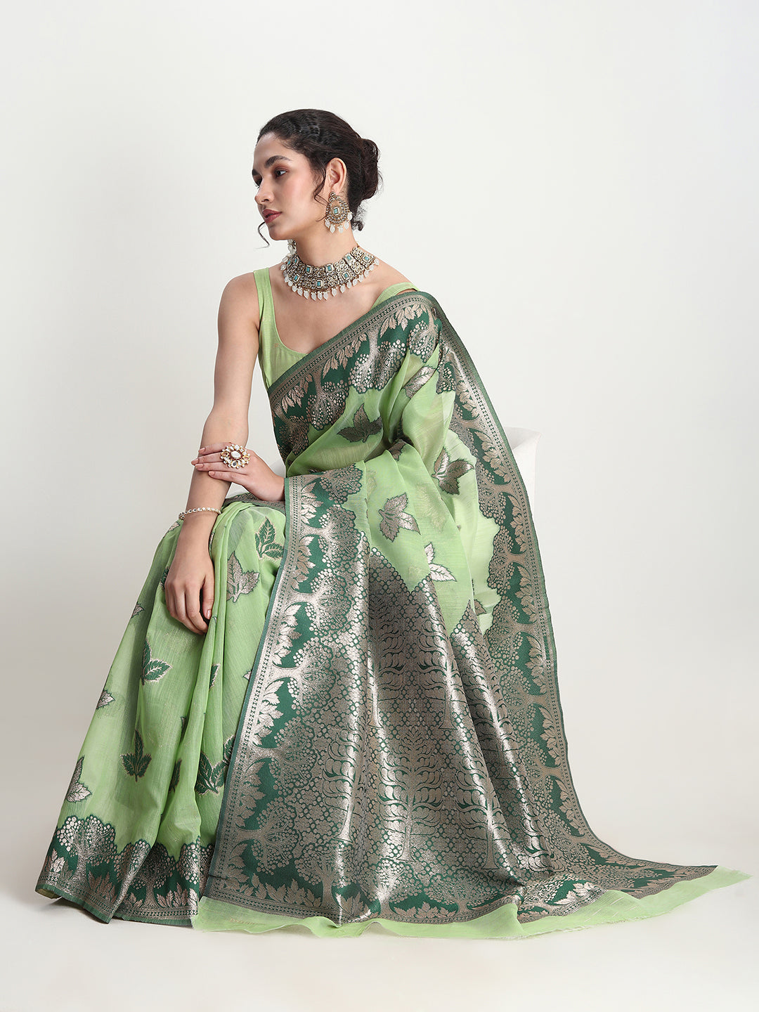 Janasya Light Green Linen Blend Floral Jacquard Grab2Buy 