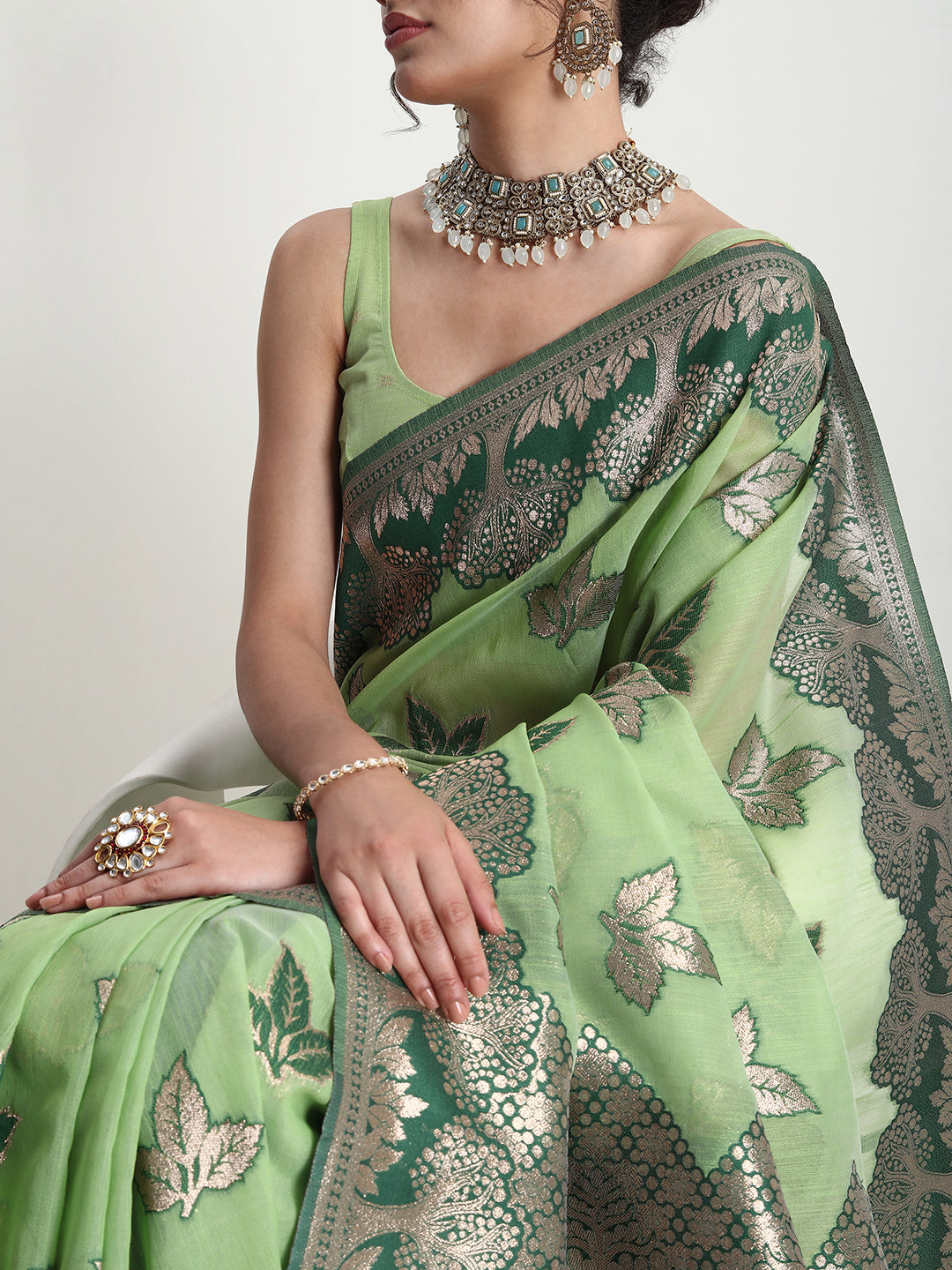 Janasya Light Green Linen Blend Floral Jacquard Grab2Buy 