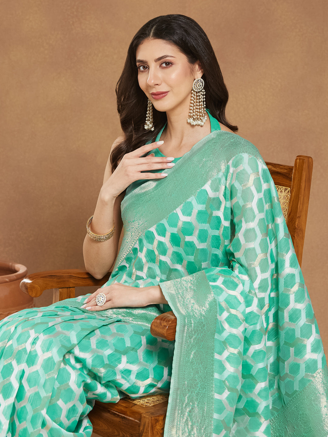 Janasya Sea Green Linen Blend Geometric Jacquard Grab2Buy 