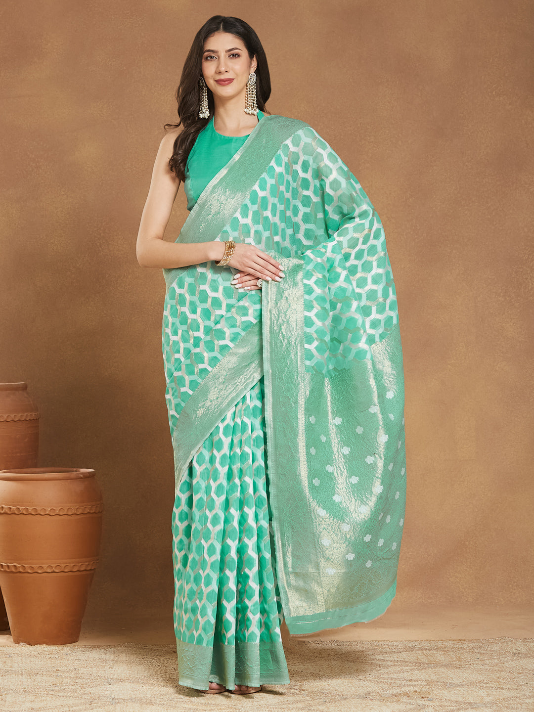 Janasya Sea Green Linen Blend Geometric Jacquard Grab2Buy 