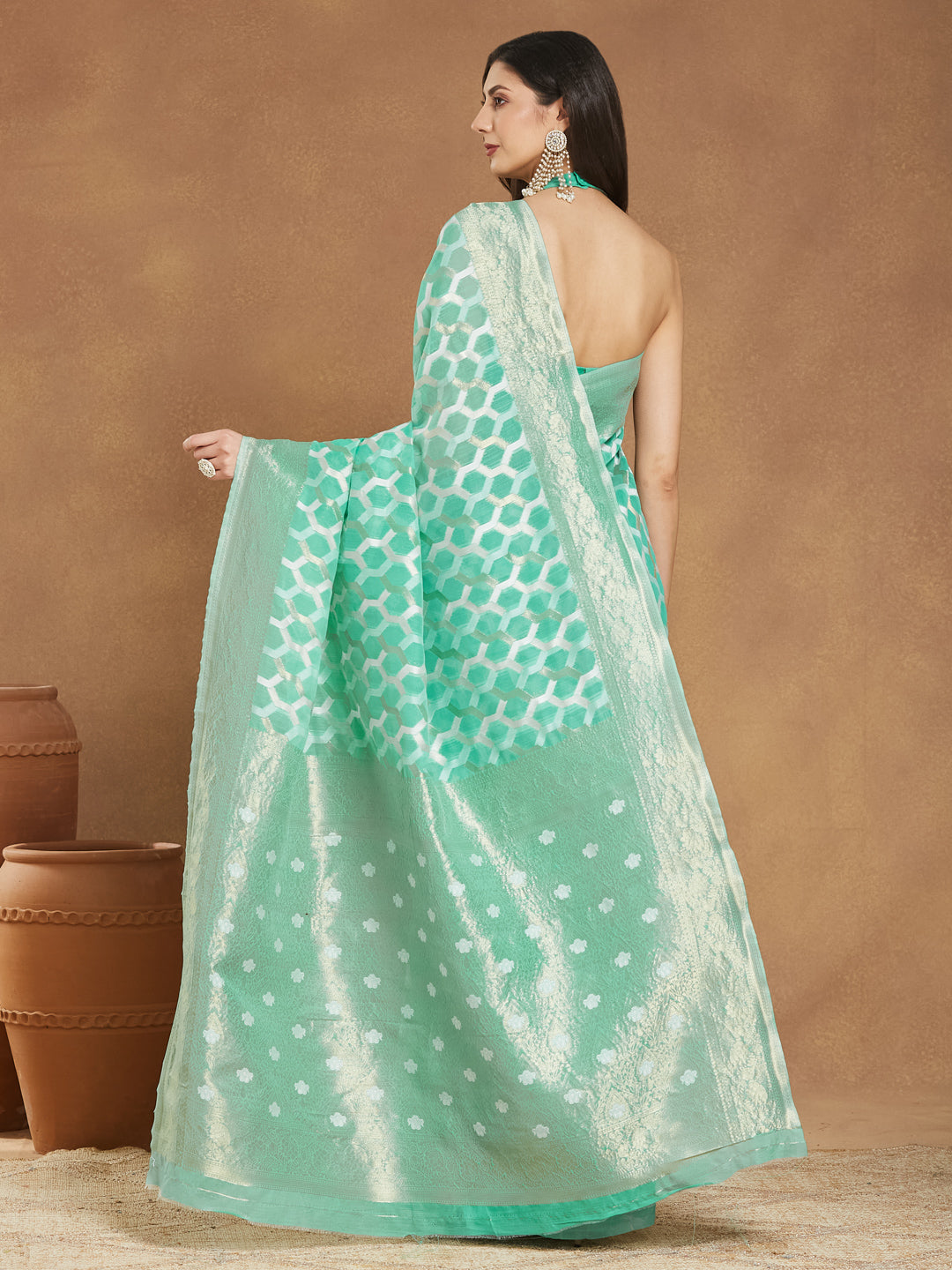 Janasya Sea Green Linen Blend Geometric Jacquard Grab2Buy 