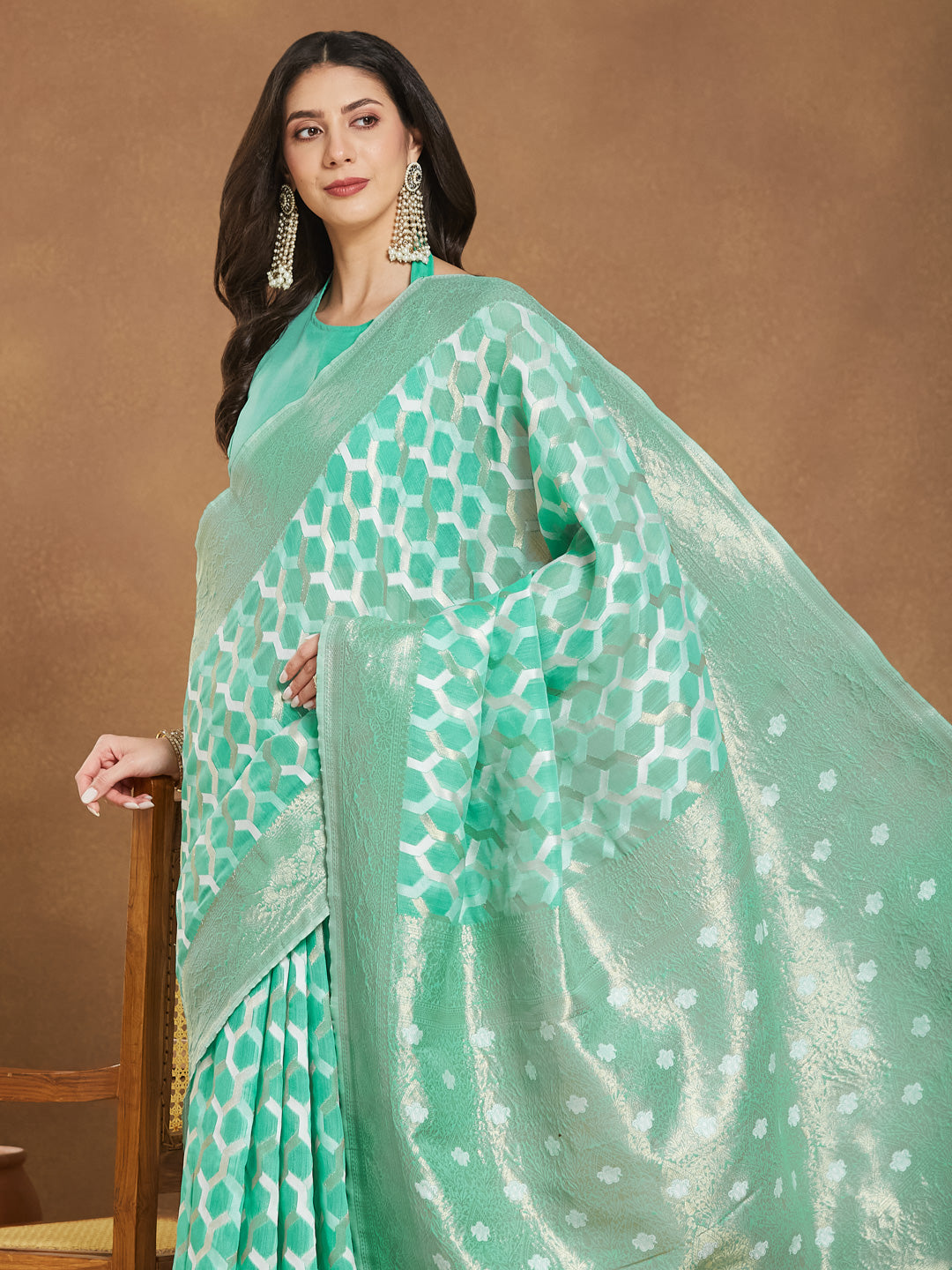 Janasya Sea Green Linen Blend Geometric Jacquard Grab2Buy 