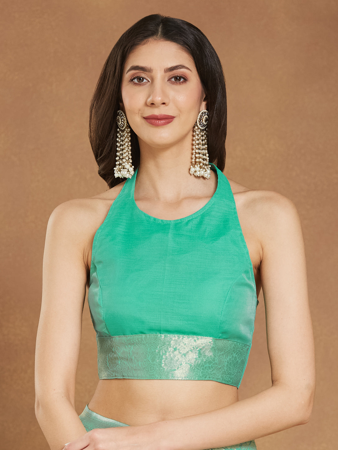 Janasya Sea Green Linen Blend Geometric Jacquard Grab2Buy 